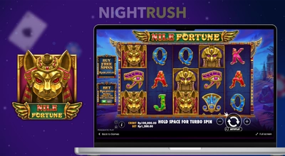 Nile Fortune slot's features on a laptop with a symbol against a starry background.