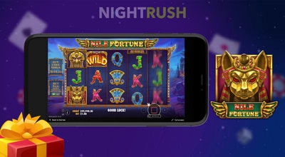 Nile Fortune slot on a phone with a symbol and a gift box against a starry background.