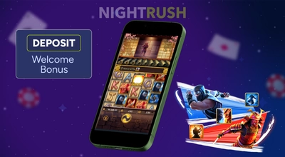 Ninja vs Samurai slot on a phone with the slot image and deposit button against a starry background.