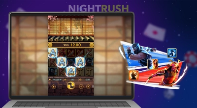Ninja vs Samurai slot on a laptop with the slot image against a starry background.