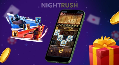 Ninja vs Samurai slot on a phone with the slot image, a gift box and coins against a starry background.