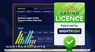 Laptop showing Nightrush website, approved badge, Northern Lights logo.