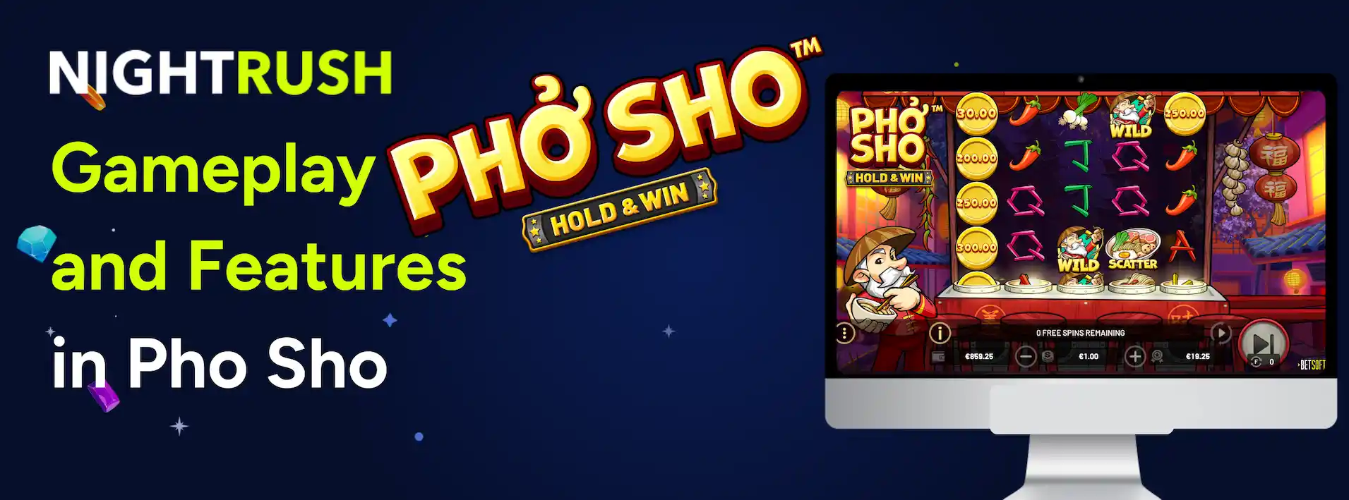Laptop screen displaying the Pho Sho slot, featuring a 5x4 grid set in a vibrant Vietnamese street market