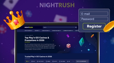 Laptop screen listing trusted Play'n GO casinos for 2026 alongside a registration box and crown.