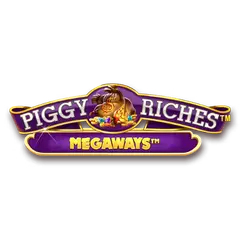 Purple banner logo for Piggy Riches Megaways with a dapper golden piggy bank.