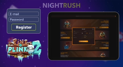 Casino registration on a tablet with the Pine of Plinko 2 and registration logos.