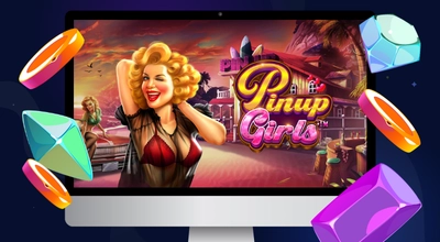 Pinuo Girls slot logo in a computer screen surrounded by gems.