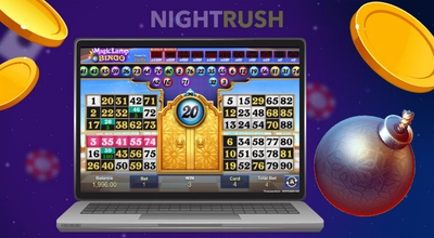 Smartphone screen showing a free-to-play demo of Magic Lamp Bingo with purple game cards.