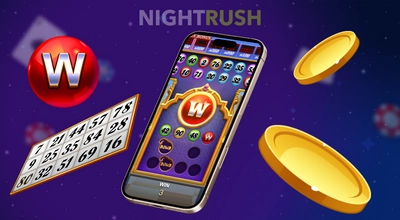 Smartphone showing Magic Lamp Bingo mobile gameplay with a wild symbol and falling coins.