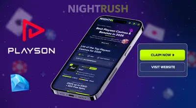 Smartphone showing a 2026 Playson casino list with a bright green CLAIM NOW button.