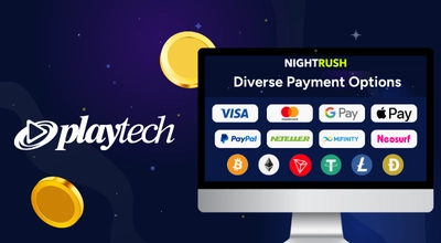 Diverse payment options on a screen with the Playtech logo against a dark background.