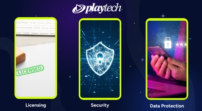 Licensing, security, and data protection with the Playtech logo against a dark background.