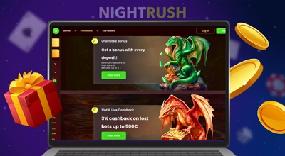A laptop screen shows a casino's promotions page featuring a dragon and an Unlimited Bonus.