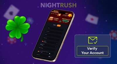 A smartphone screen displays an online casino registration form with a four-leaf clover.