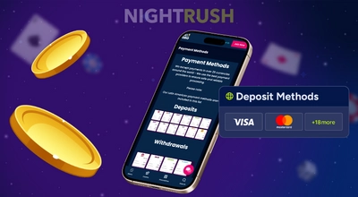 A smartphone screen displays online casino deposit options with gold coins.