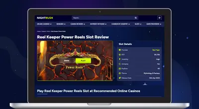 Laptop shows Nightrush website, Reel Keeper Power Reels slot review.