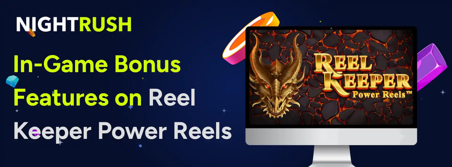 Laptop showing Reel Keeper Power Reels slot logo & text on a blue background.