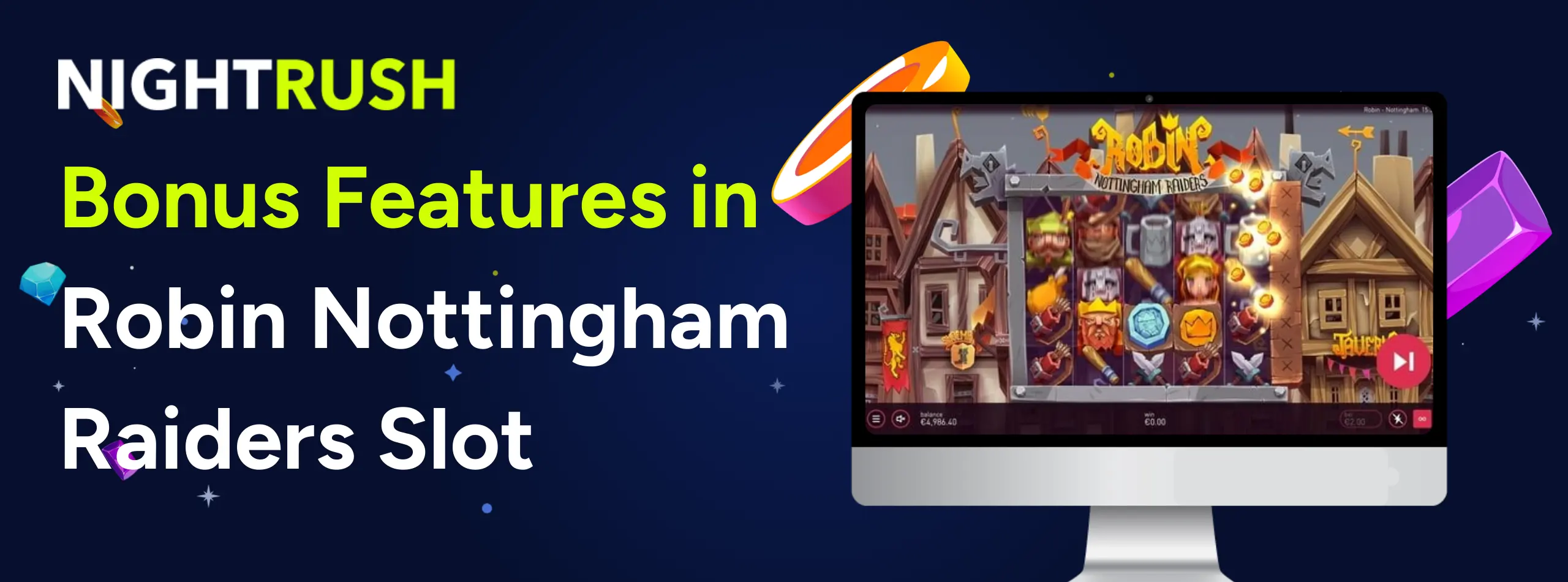 Laptop shows Robin Nottingham gameplay, Bonus Features in Robin Nottingham Raiders Slot text on blue background.