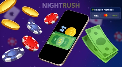 NightRush Samba Slots deposit illustration showing a smartphone transferring money with Visa and payment method icons.