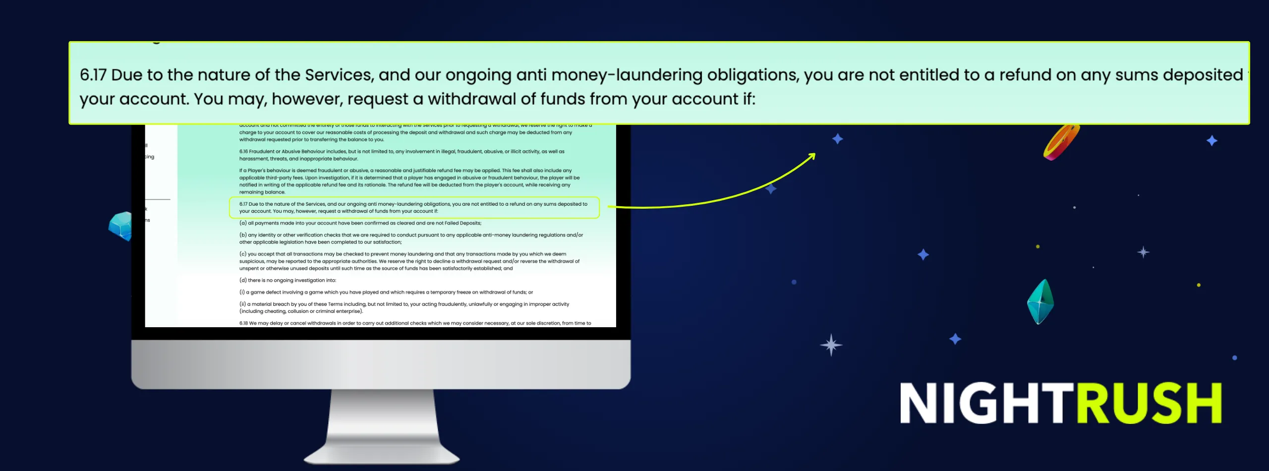 Monitor showing Samba Slots terms stating that users are not entitled to deposit refunds.