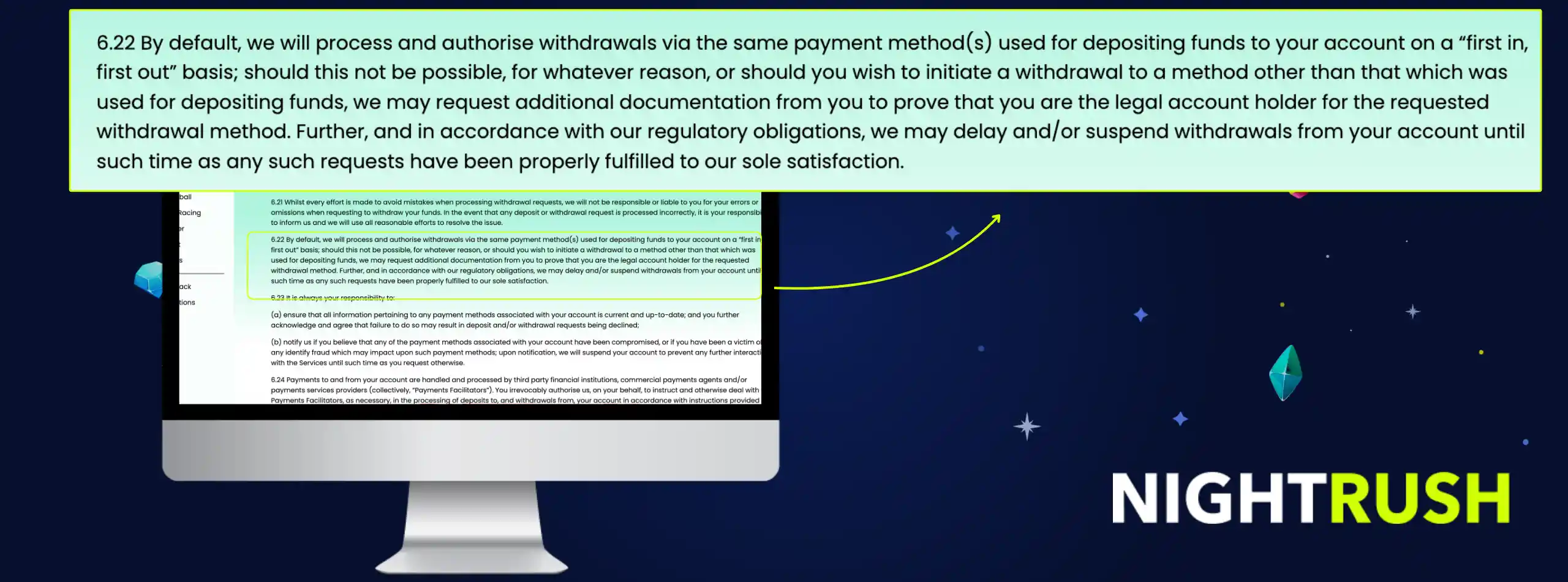 Monitor showing Samba Slots terms and conditions regarding withdrawal processing.
