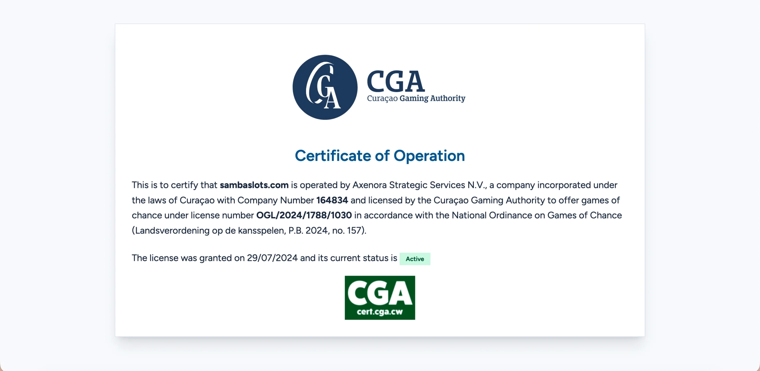 Curacao Gaming Authority Certificate of Operation for sambaslots.com showing an active status.