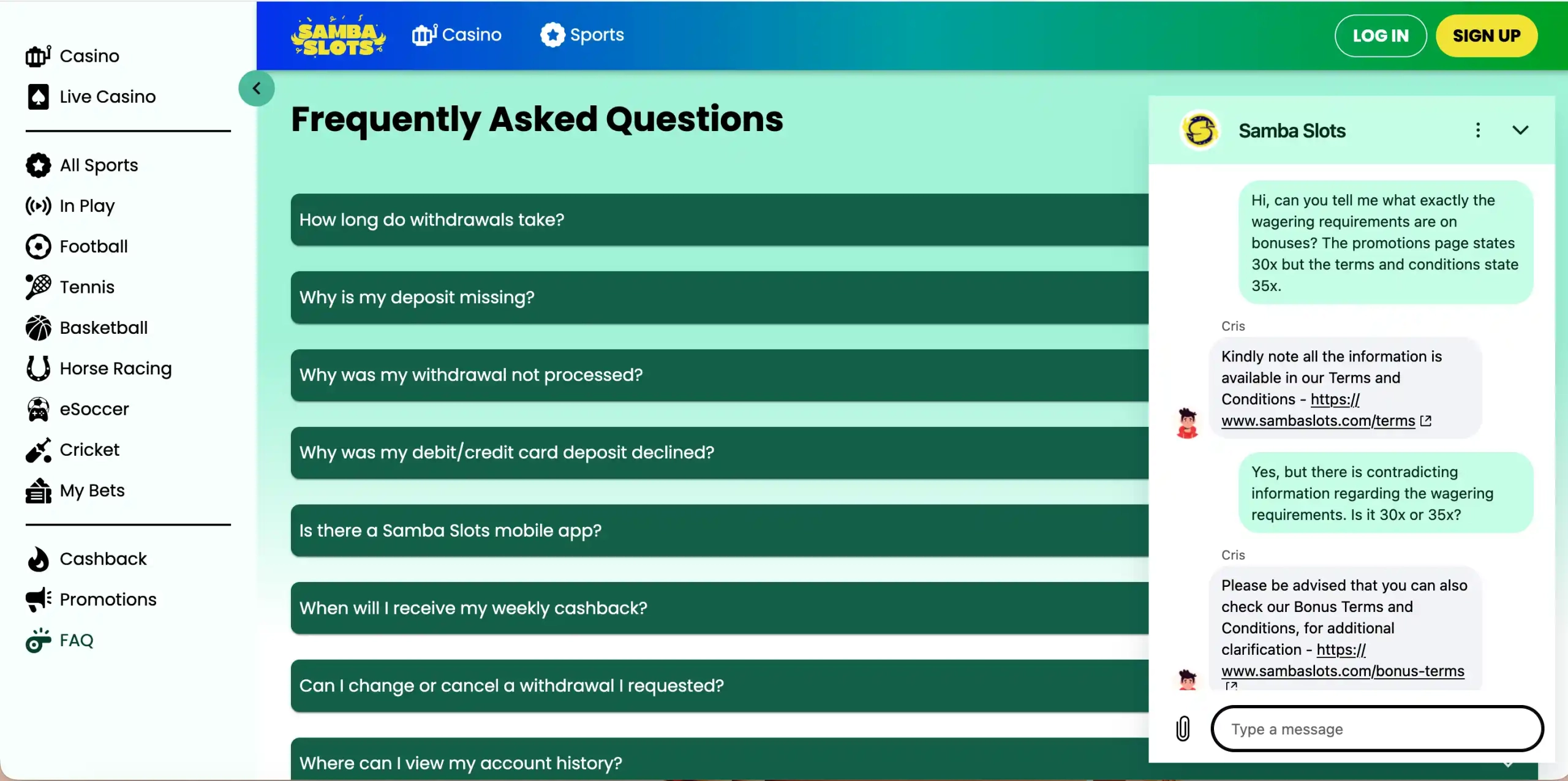 Samba Slots page showing a live chat conversation about wagering requirement contradictions.