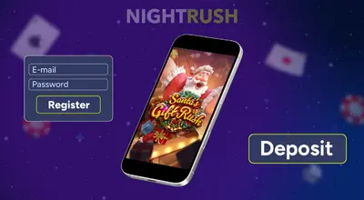 Santa's Gift Rush slot on a phone with deposit and register buttons against a dark background.