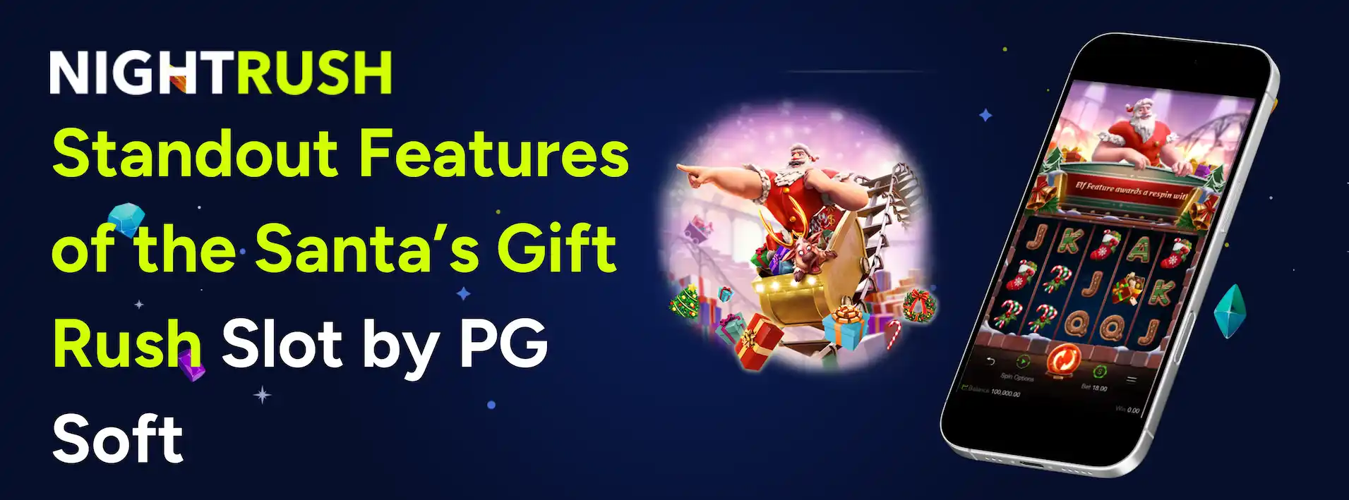 Standout Features of the Santa's Gift Rush Slot by PG Soft with the slot images on a phone.