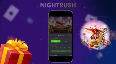 Santa's Gift Rush slot on a phone with a slot image and a gift box against a dark background.