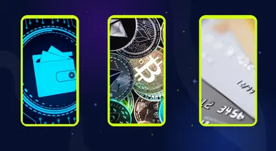 Three panels illustrating payment methods: a digital wallet, cryptocurrency coins, and a credit card.