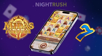Smartphone showing Midas Fortune gameplay with a Midas Gold symbol and wild transformation guide.