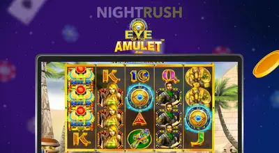 Laptop showing Eye of the Amulet slot gameplay with Egyptian symbols and floating gold coins.