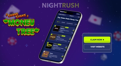 A phone with casinos, a Shake Shake Money Tree slot and a claim now button.
