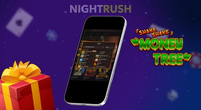 A phone with a Shake Shake Money Tree slot and a gift box against a purple background.