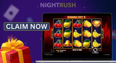 Shining Hot 5 slot on a laptop with a gift box and a claim now button.
