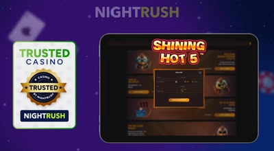 Shining Hot 5 slot and registration on a tablet and a trusted casino badge.