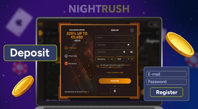 Laptop showing a registration window with a 325% exclusive offer and email login fields.