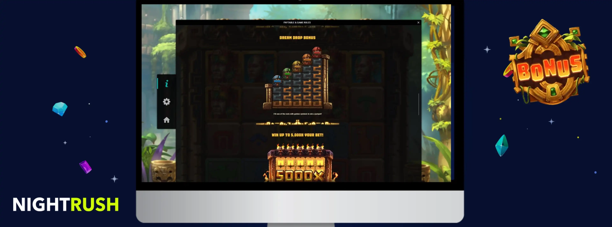 Rules of the Dream Drop bonus in the Snake’s Gold Dream Drop on a screen against a dark banner.

