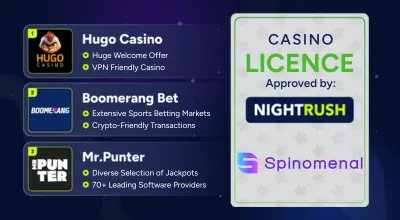 Infographic showing casinos, approved badge, Spinomenal logo.