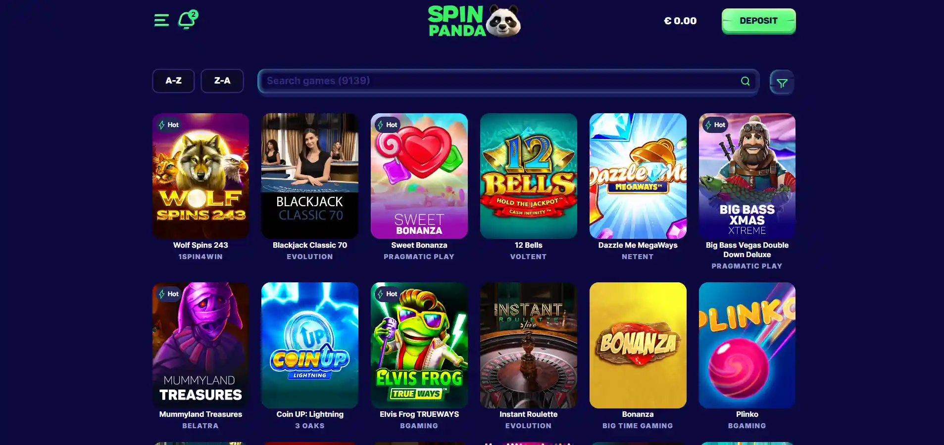 SpinPanda's games with selected casino games and a menu against a dark blue background.