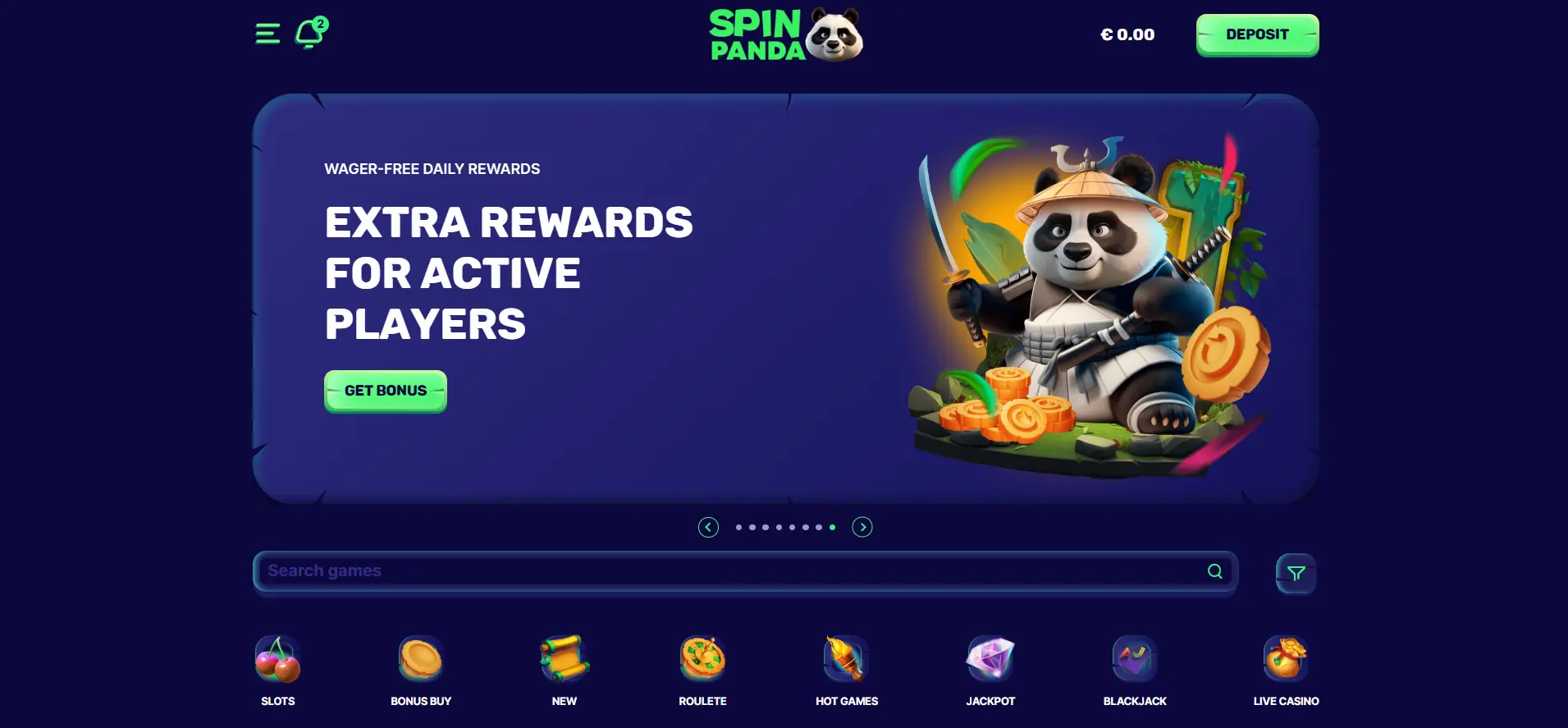 SpinPanda's main page with a panda banner and filtering options against a dark blue background.