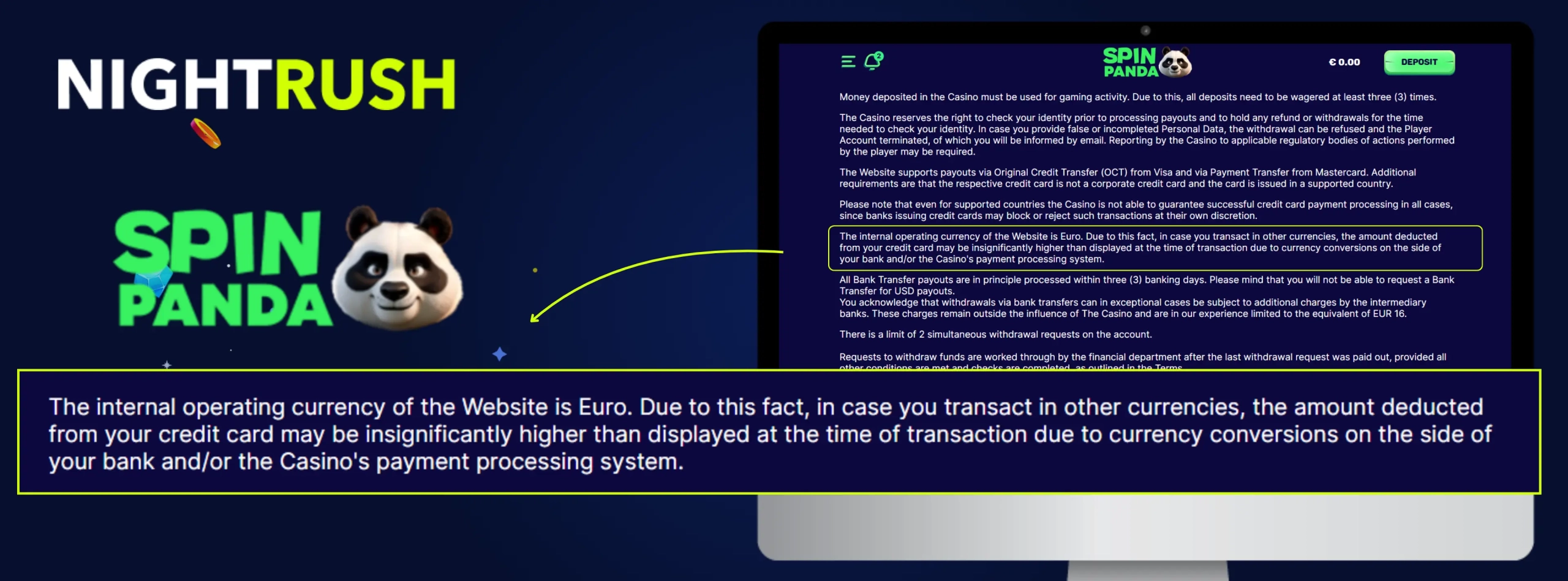 SpinPanda's terms about its internal currency on a screen with logos against a blue background.