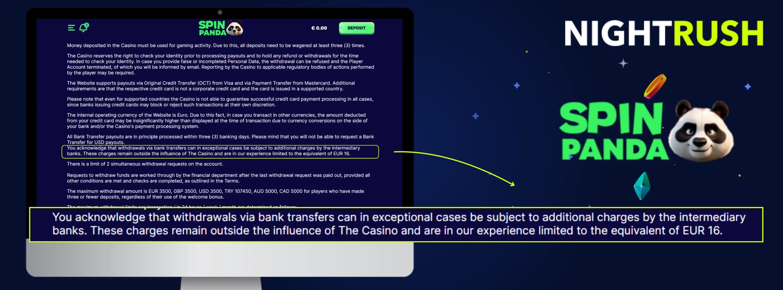 SpinPanda's terms about the bank fees on a screen with logos against a blue background.
