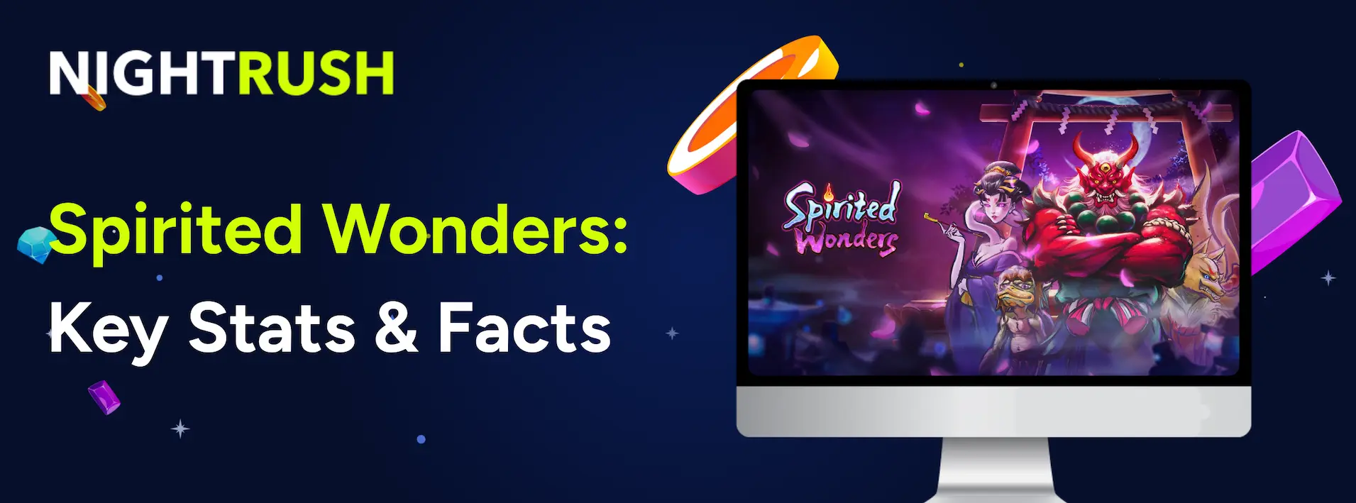 Laptop showing Spirited Wonders & text on a blue background.