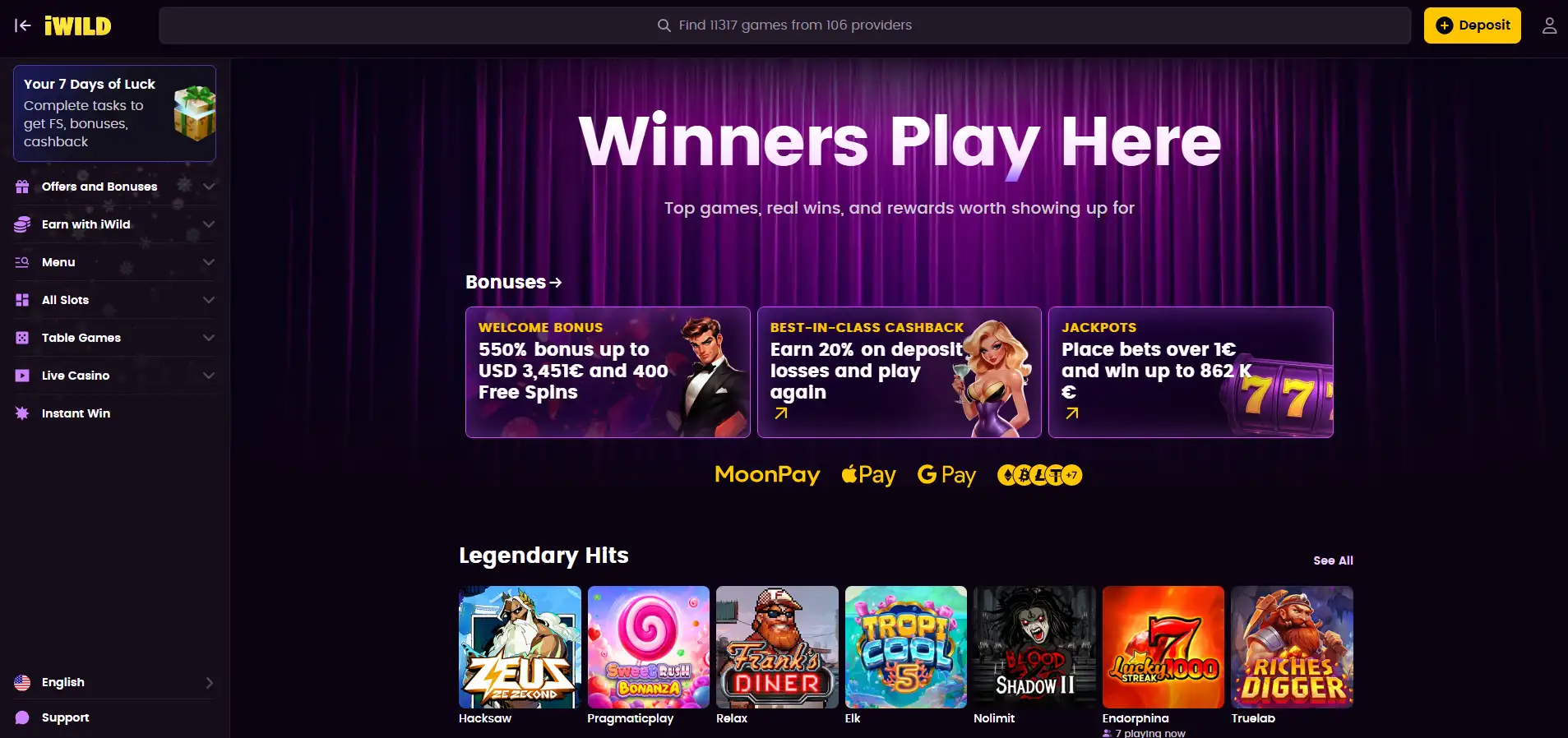 iWild Casino's homepage with a menu and a banner against a black background.