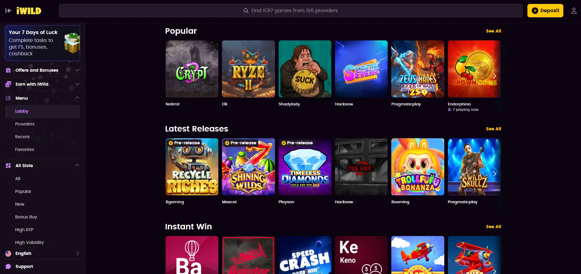  iWild Casino's games with a menu against a purple and black background.