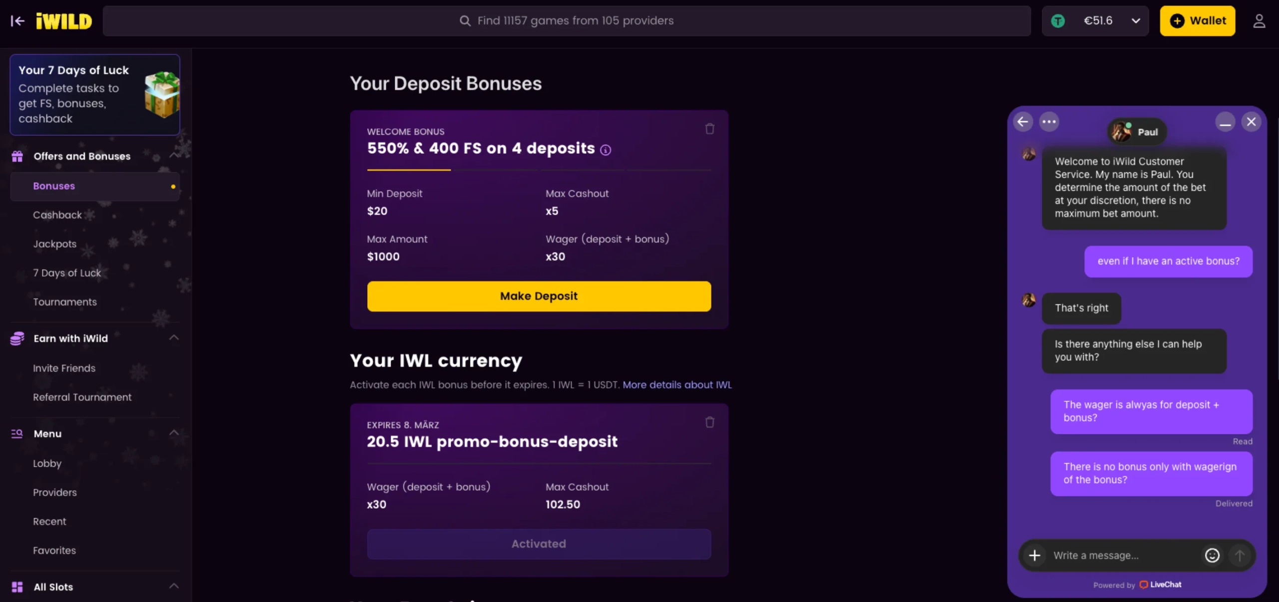 iWild Casino's bonuses, a live chat with the Nightrush editor against a black background.