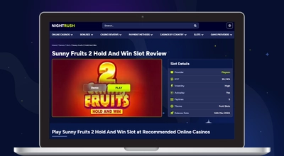 Laptop shows Nightrush website, Sunny Fruits 2 Hold and Win Slot Review.