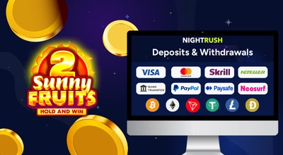 Laptop shows different payment methods, Sunny Fruits 2 Hold and Win logo next to it.